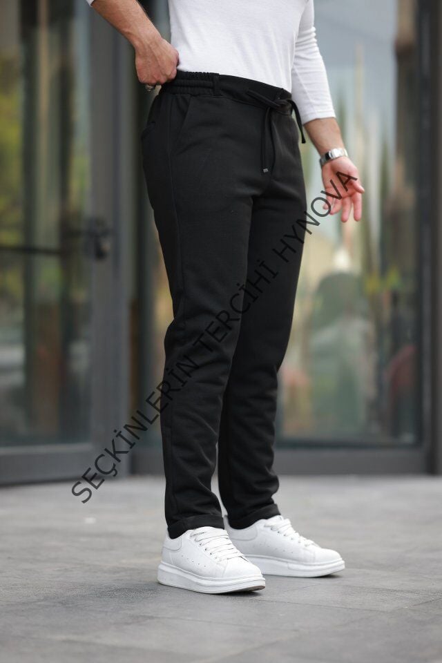 Erkek Beli Bağcıklı Duble Paça örme Pamuklu Kumaş Jogger Pantolon