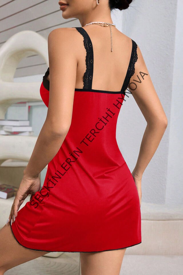 Kadın Kırmızı Dantel Asılı Fiyonk Detaylı Gecelik Takımı – Modern, Konforlu ve Günlük Kombinlere Uygun