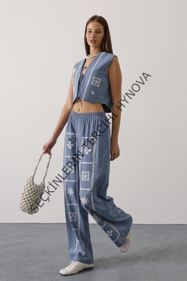 Baskılı Önü Bağlamalı Yelekli Takım - İndigo