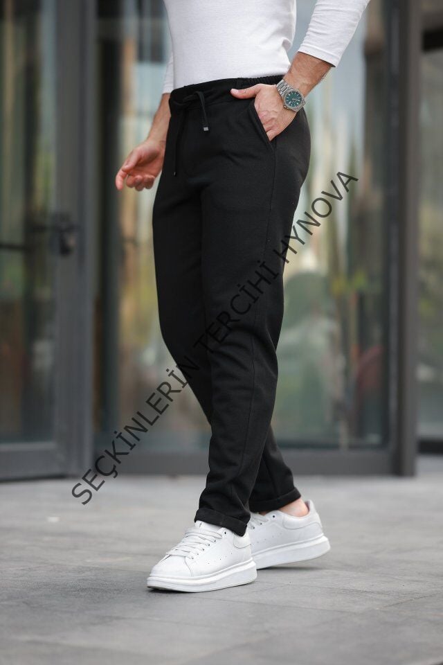 Erkek Beli Bağcıklı Duble Paça örme Pamuklu Kumaş Jogger Pantolon