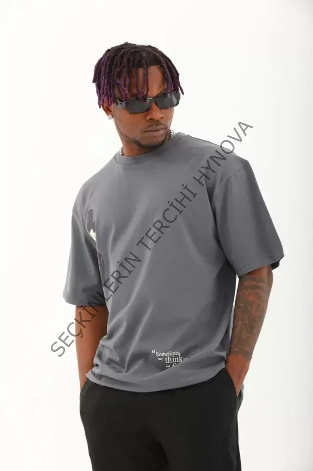 Unisex Oversize Baskılı Bisiklet Yaka T-Shirt - Füme