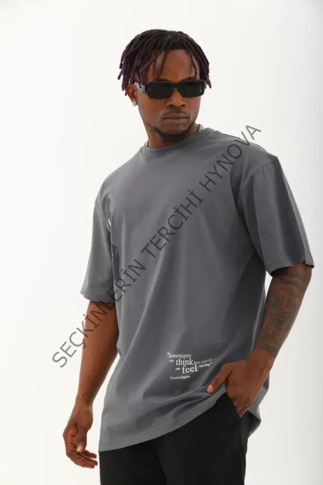 Unisex Oversize Baskılı Bisiklet Yaka T-Shirt - Füme