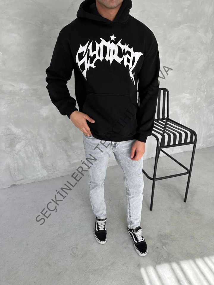 Unisex Üç İplik Kapşonlu Baskılı SweatShirt - Siyah