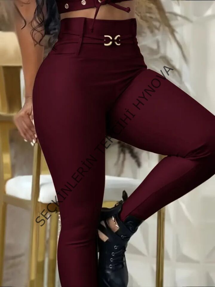 Kadın Yüksek Bel Belden Toka Detaylı Dalgıç Tayt