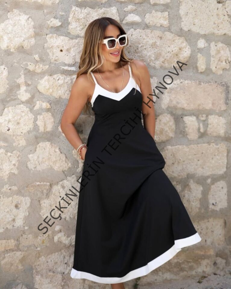 Kadın Ip Askılı V Yakalı çift Renkli Janjan Krep Elbise