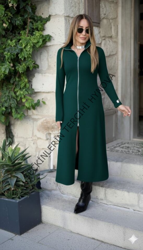 Kadın Uzun Kollu önden Fermuarlı Ithal Krep Elbise