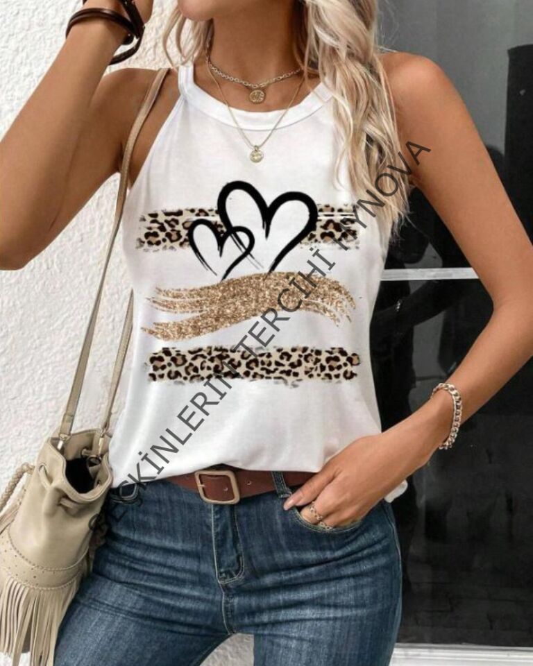 Kadın Sıfır Kol Halter Yaka Kalp Baskılı Viskon Bluz