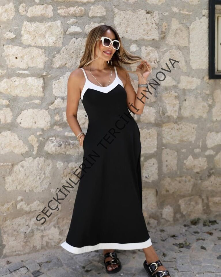 Kadın Ip Askılı V Yakalı çift Renkli Janjan Krep Elbise