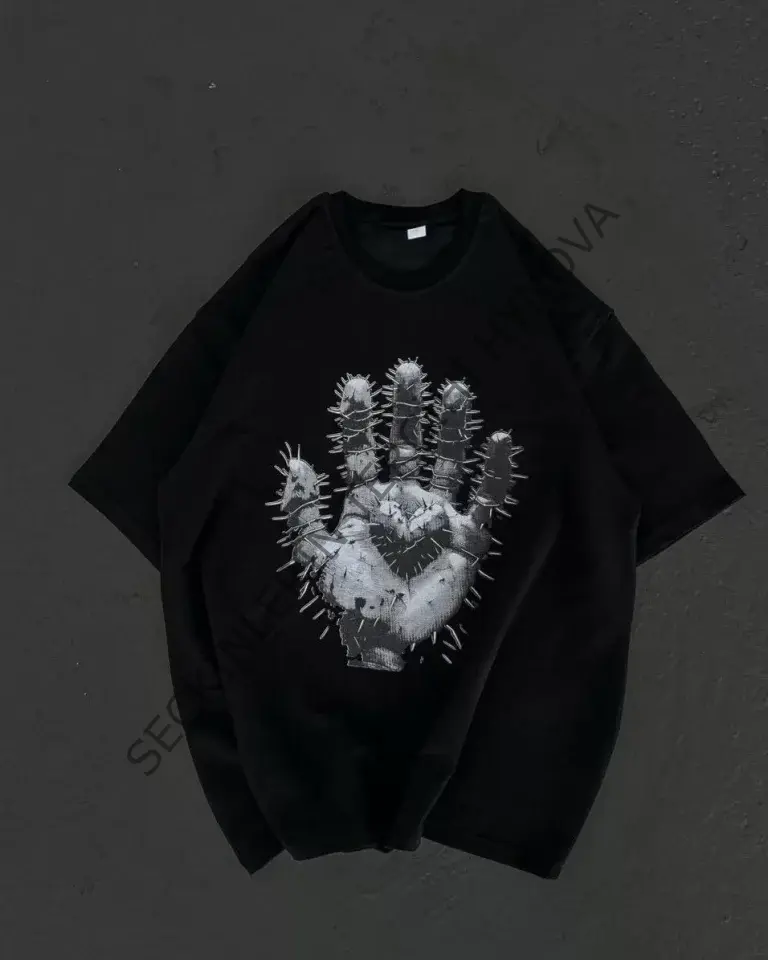 Unisex Bisiklet Yaka Baskılı Oversize T-Shirt - Siyah