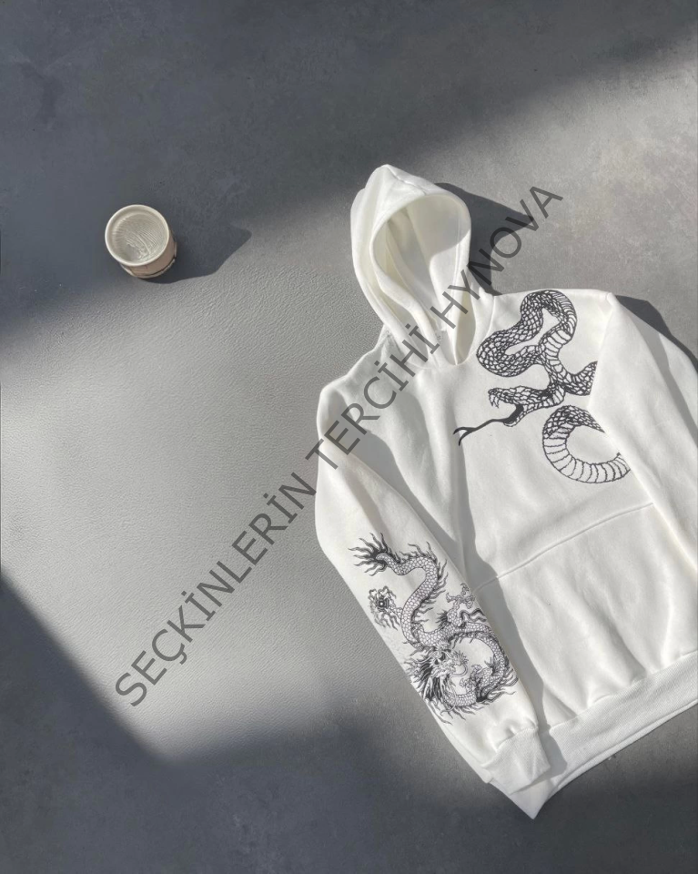 Uzun Kol Kapşonlu Baskılı SweatShirt - Beyaz