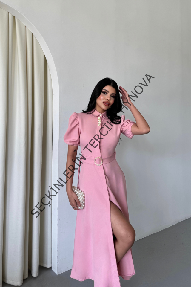 YAKA DÜĞME DETAYLI ELBİSE- Pembe