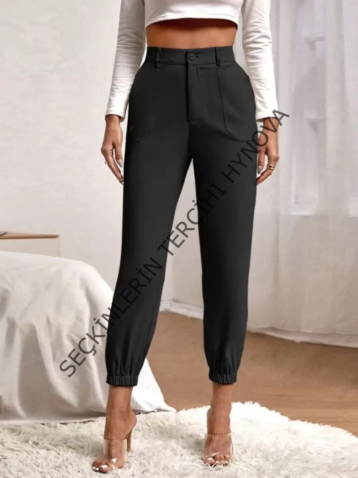 Kadın Yüksek Bel Cepli Paçası Lastikli Ithal Krep Pantolon
