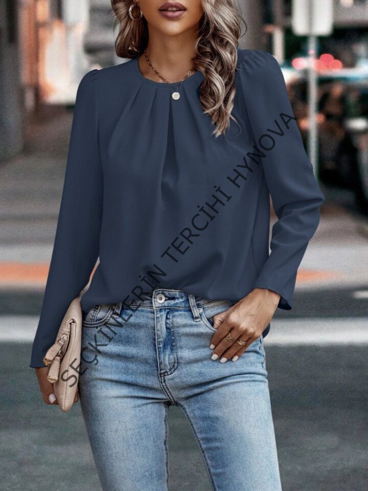 Kadın Uzun Kollu Yuvarlak önden Pileli Ithal Krep Bluz