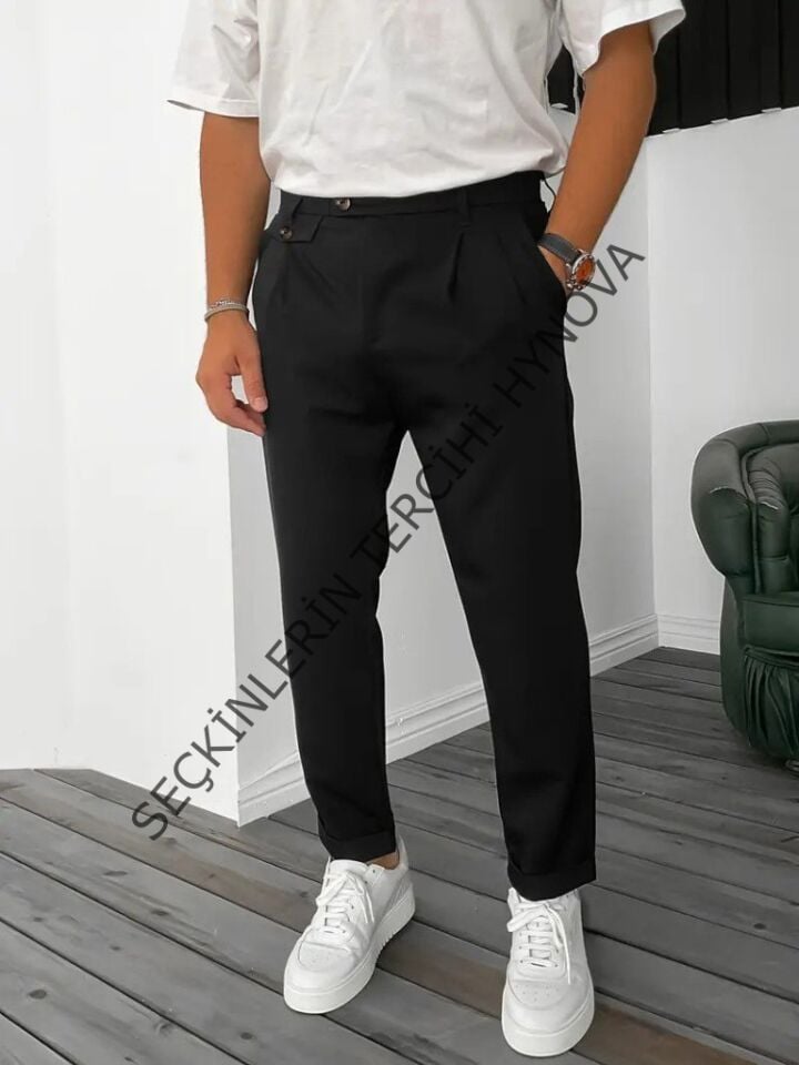 Erkek Belden Düğmeli Cepli Dokuma Pantolon
