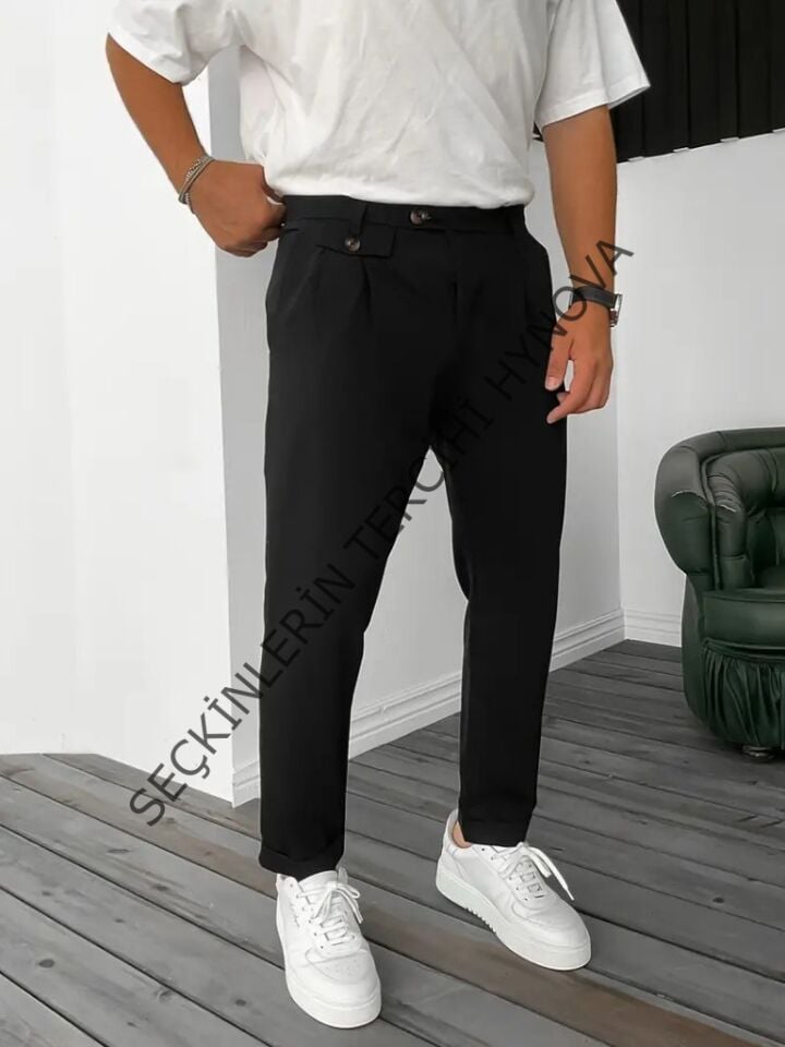 Erkek Belden Düğmeli Cepli Dokuma Pantolon