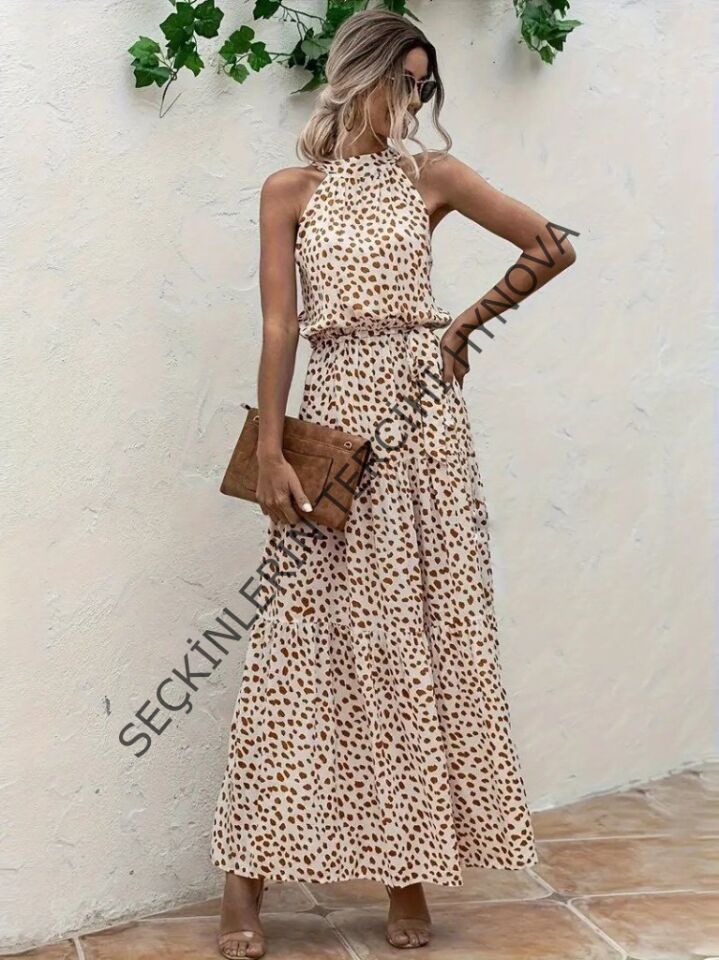 Kadın Daire Yakalı Beli Lastikli Desenli Süprem Elbise