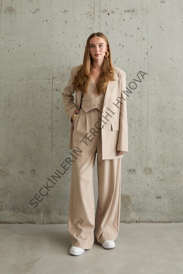 Bej Çizgili Ceket - Yelek Ve Pantolon Takım