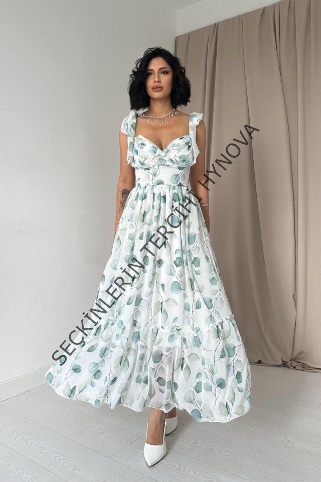 Yeşil Şifon Drapeli Elbise