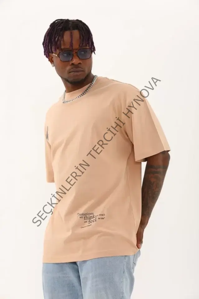 Unisex Oversize Baskılı Bisiklet Yaka T-Shirt - Bej
