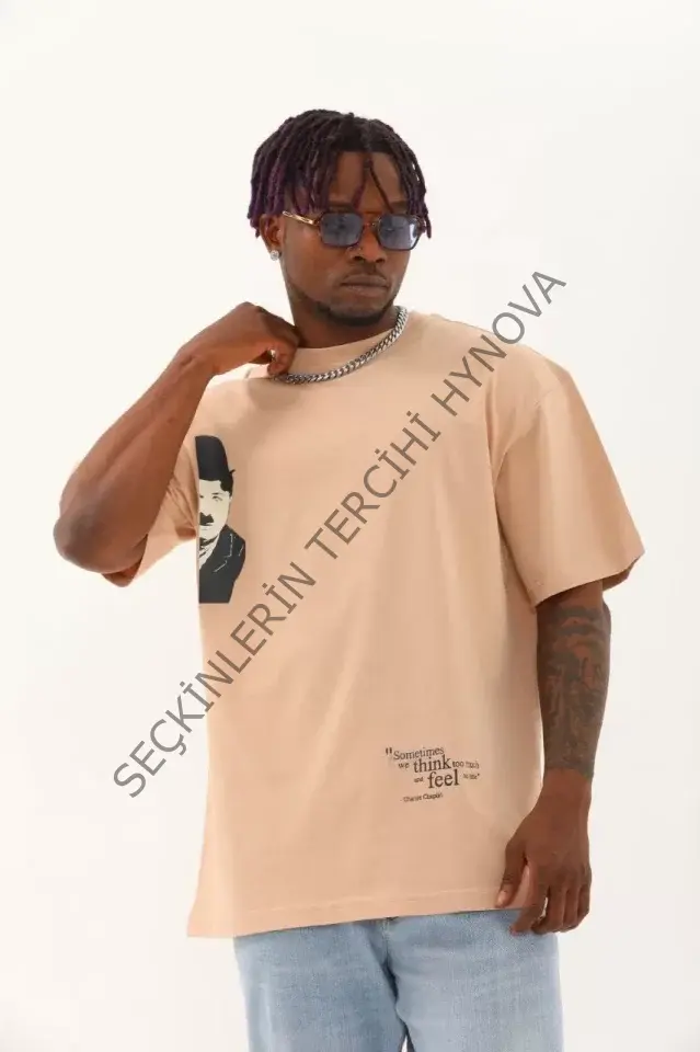 Unisex Oversize Baskılı Bisiklet Yaka T-Shirt - Bej