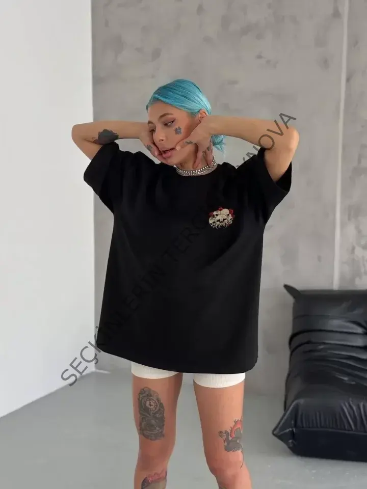 Unisex Bisiklet Yaka Baskılı Oversize T-Shirt - Siyah