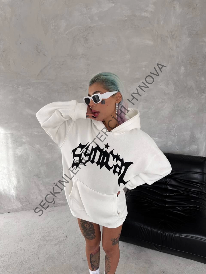 Unisex Üç İplik Kapşonlu Baskılı SweatShirt - Beyaz