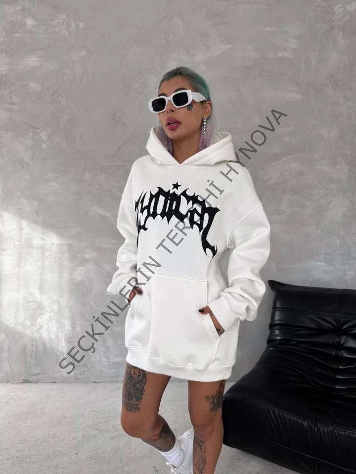 Unisex Üç İplik Kapşonlu Baskılı SweatShirt - Beyaz