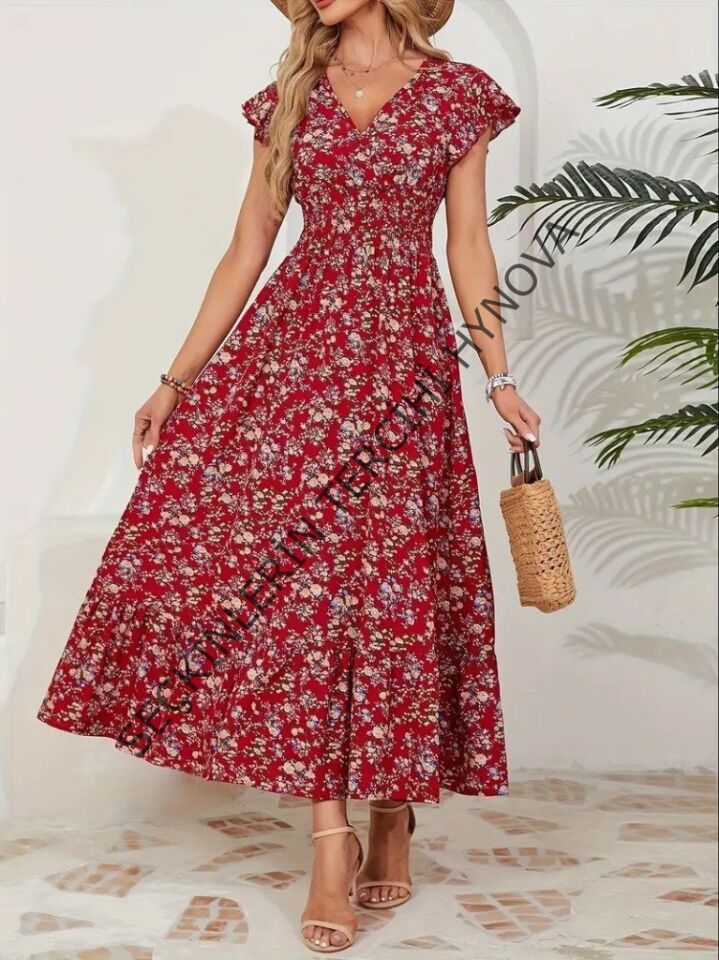 Kadın Kısa Kollu Kruvaze Yaka Beli Lastikli çiçek Desenli Elbise