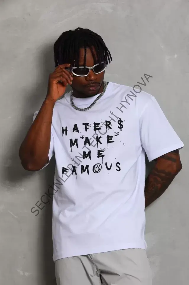 Unisex Oversize Baskılı Bisiklet Yaka T-Shirt - Beyaz