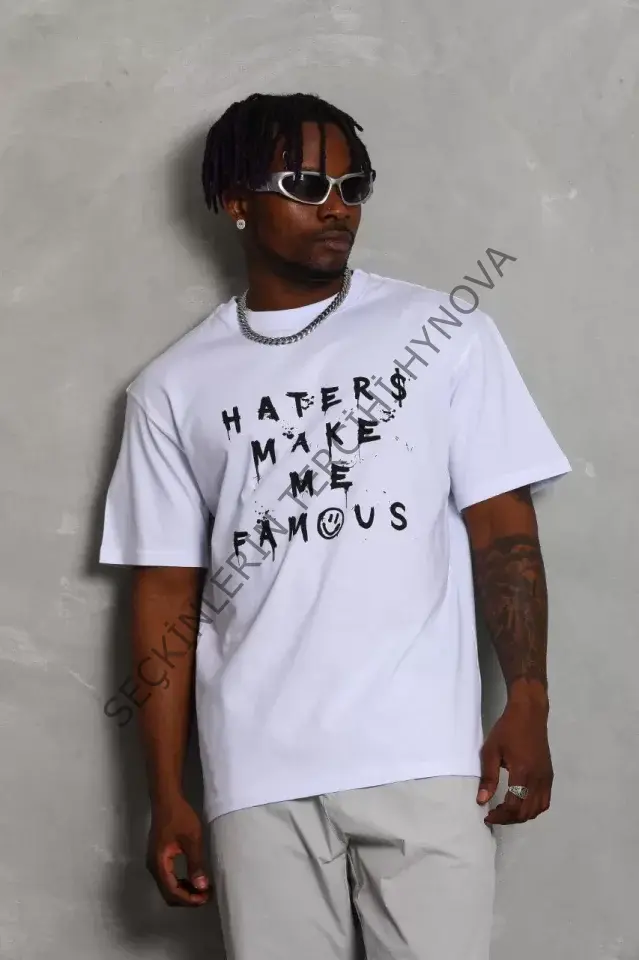 Unisex Oversize Baskılı Bisiklet Yaka T-Shirt - Beyaz