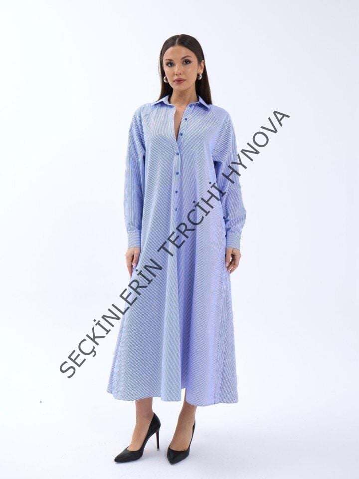 5857 ELBİSE-MAVİ BEYAZ ÇİZGİLİ