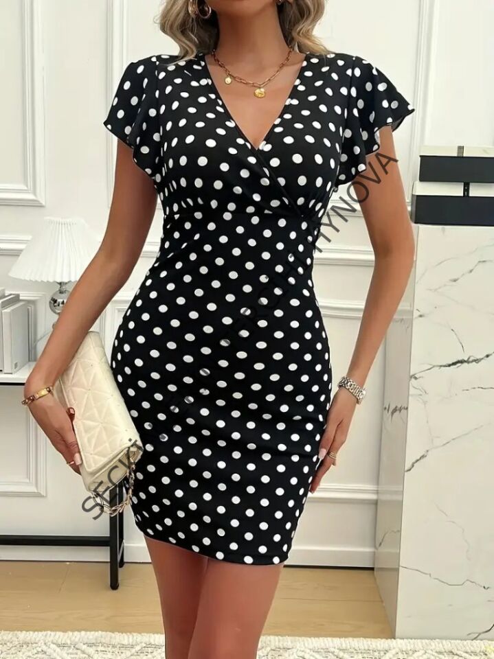 Kadın Kısa Kollu Kruvaze Yakalı örme Puantiyeli Krep Elbise