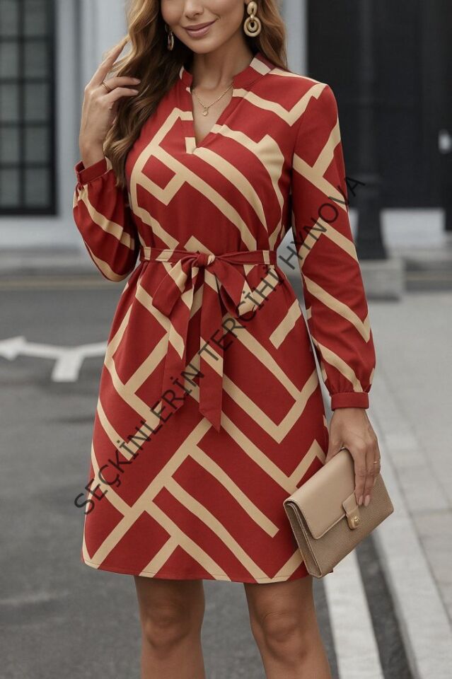Kadın Uzun Kollu V Yakalı Desenli Belinde Kuşaklı Dalgıç Elbise