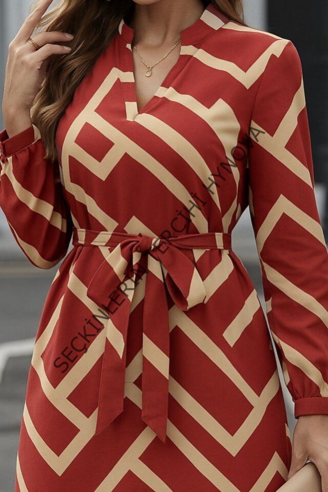 Kadın Uzun Kollu V Yakalı Desenli Belinde Kuşaklı Dalgıç Elbise