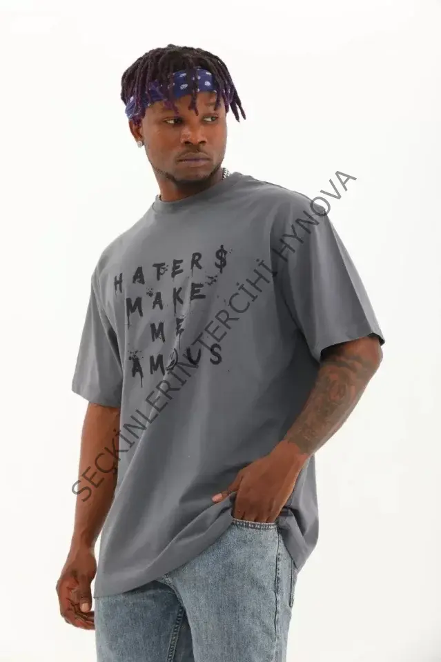 Unisex Oversize Baskılı Bisiklet Yaka T-Shirt - Füme