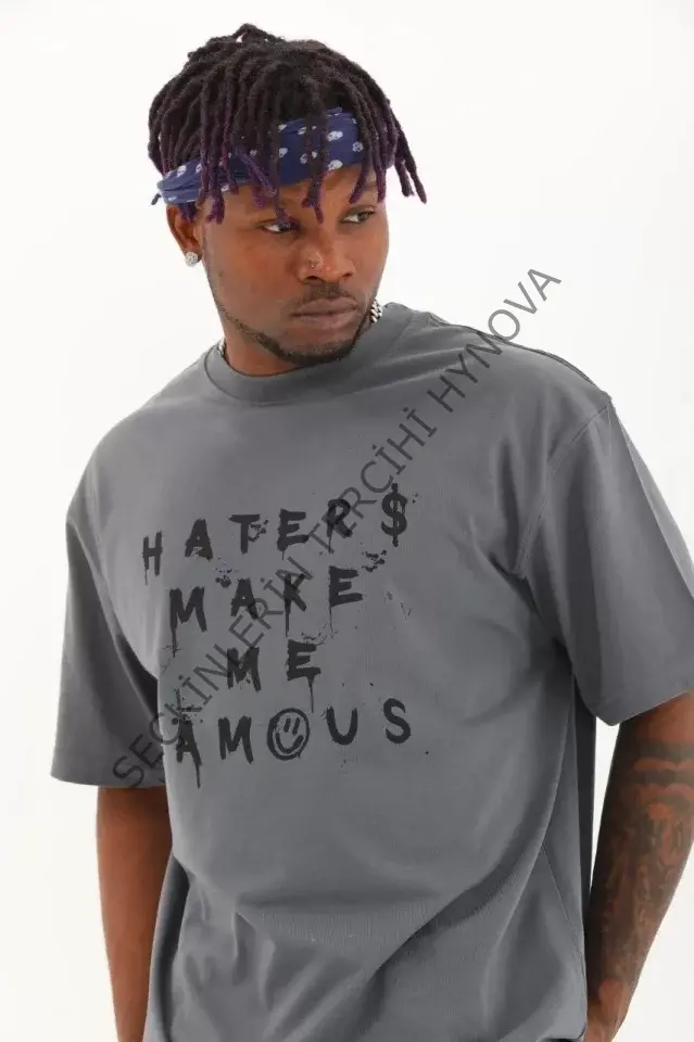 Unisex Oversize Baskılı Bisiklet Yaka T-Shirt - Füme