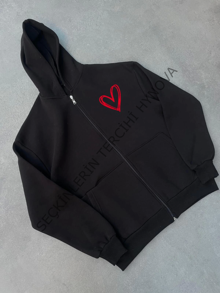 Üç İplik Baskılı Fermuarlı Kapşonlu Hırka - Siyah