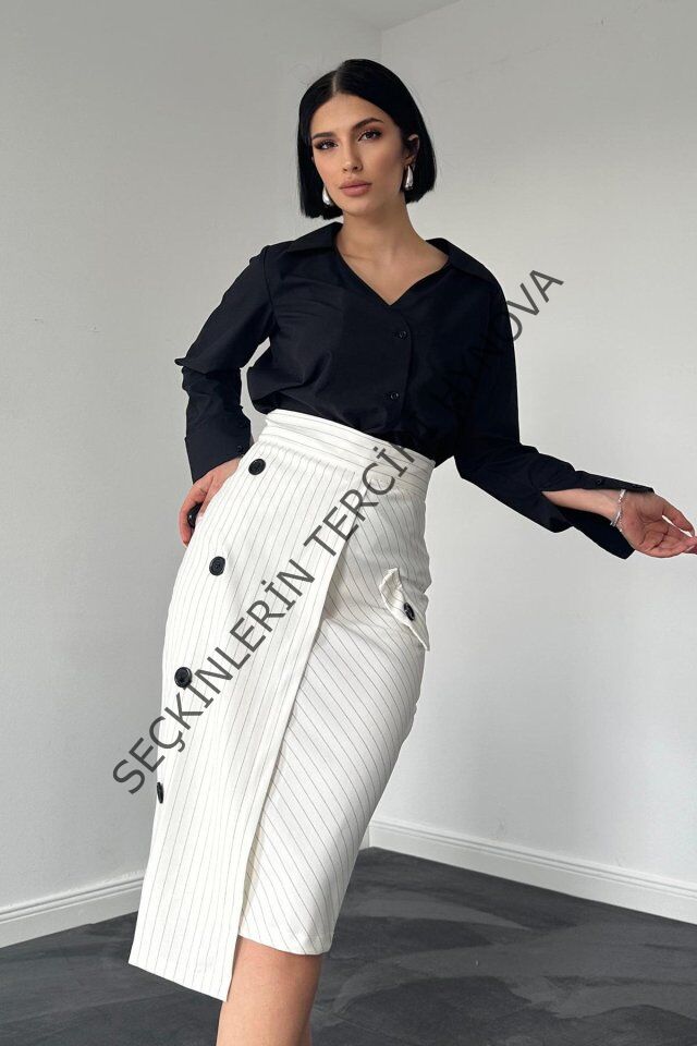 Beyaz Çizgili Poliviskon Etek