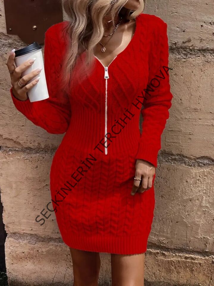 Kadın Uzun Kollu V Yakalı önden Fermuarlı Kısa Triko Elbise