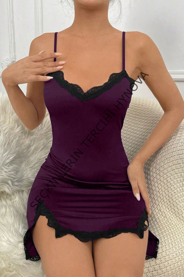 Kadın Mor Göğsü ve Bacakları Dantelli Yırtmaçlı Şık Gecelik – Modern ve Şık Tasarım