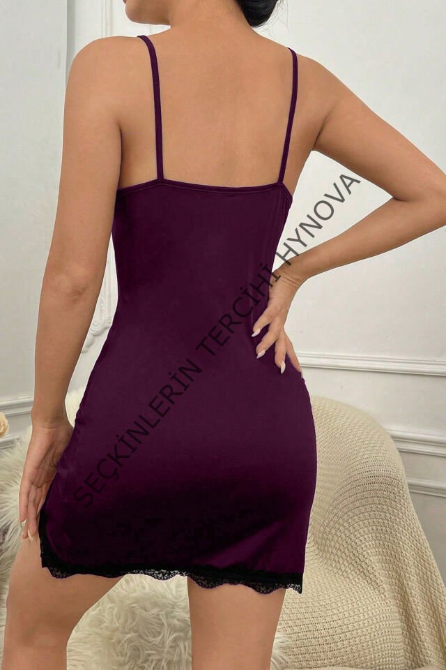 Kadın Mor Göğsü ve Bacakları Dantelli Yırtmaçlı Şık Gecelik – Modern ve Şık Tasarım