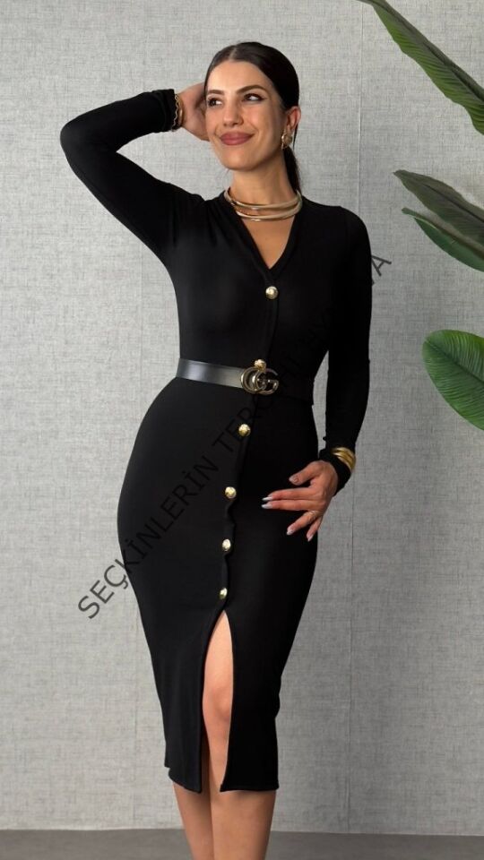 Kadın Uzun Kollu V Yakalı önden Düğmeli Yırtmaçlı Modal Midi Kemersiz Elbise