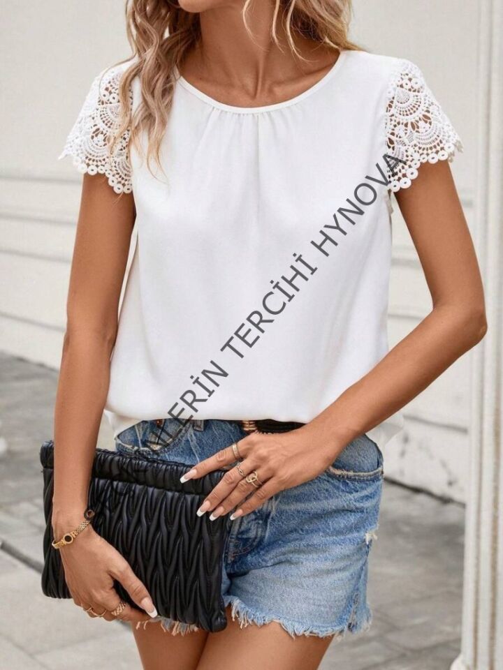 Kadın Kısa Dantel Kollu Bisiklet Yaka Sandy Bluz