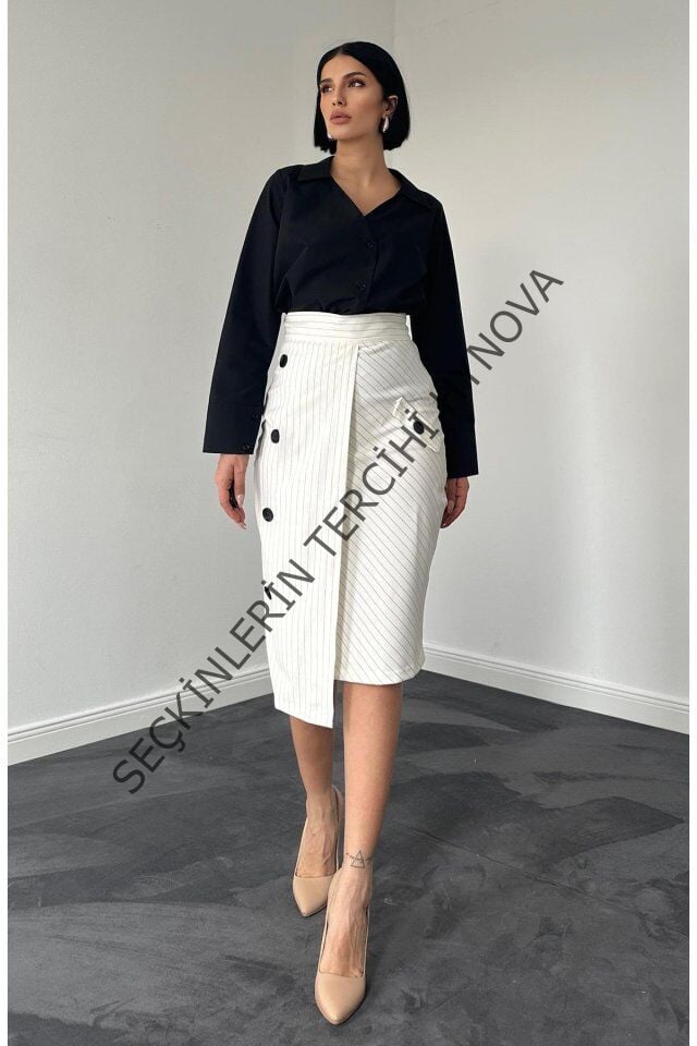 Beyaz Çizgili Poliviskon Etek