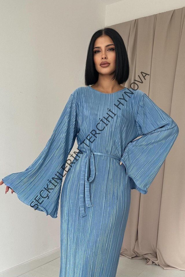 Mavi İspanyol Kol Piliseli Elbise