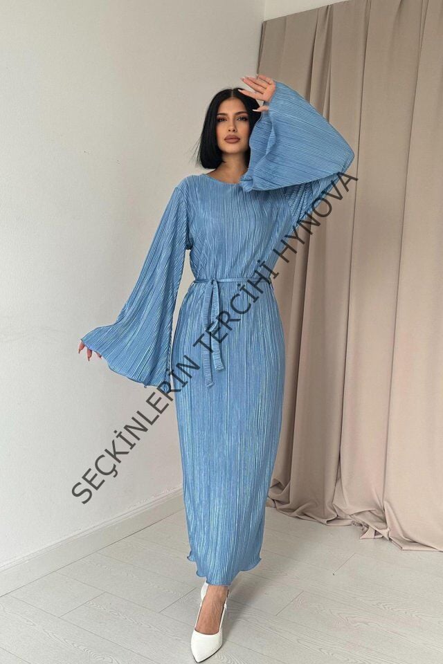 Mavi İspanyol Kol Piliseli Elbise