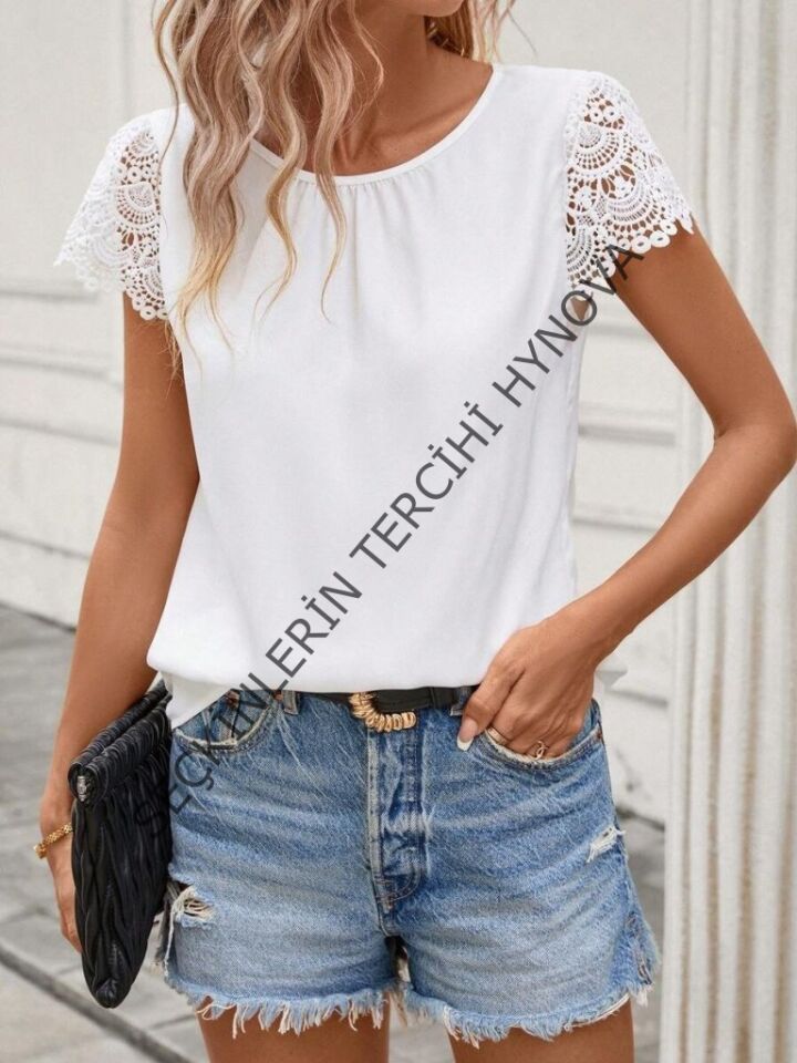 Kadın Kısa Dantel Kollu Bisiklet Yaka Sandy Bluz