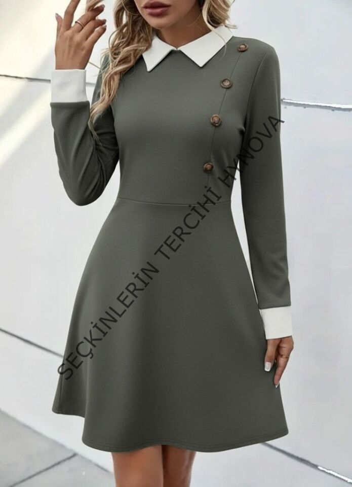 Kadın Uzun Kollu Yakalı Düğmeli çağla Yeşili Modal Mini Elbise