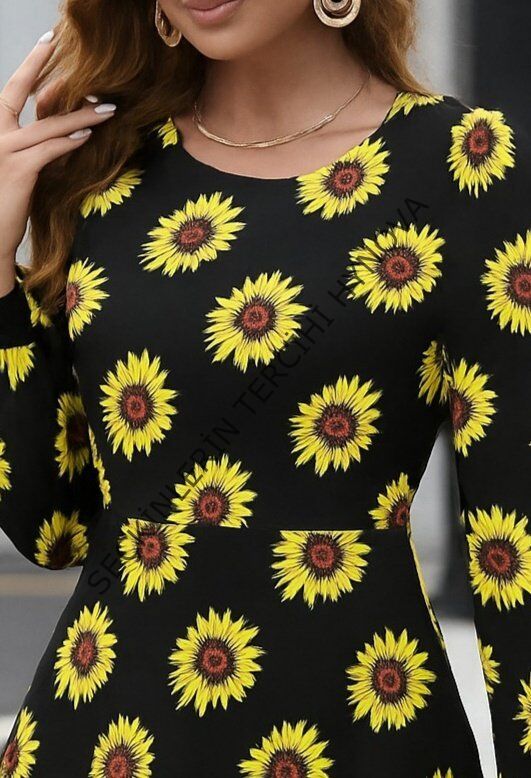 Kadın Uzun Kollu Bisiklet Yaka Desenli Kısa Krep Elbise