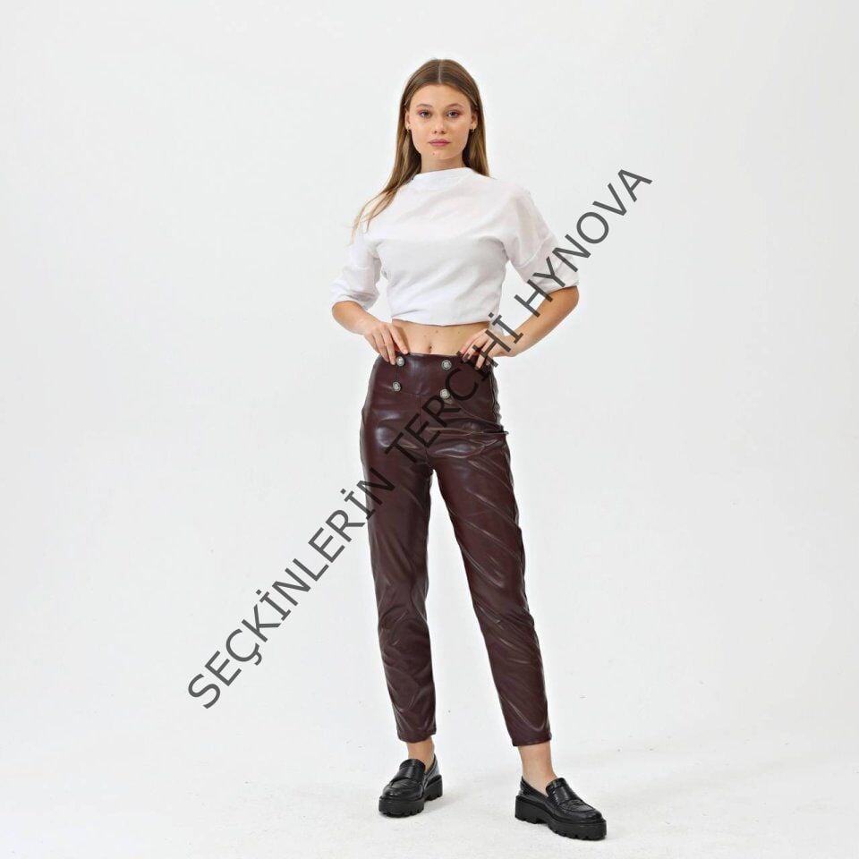 Düğmeli̇ Yan Fermuarli Deri̇ Pantolon